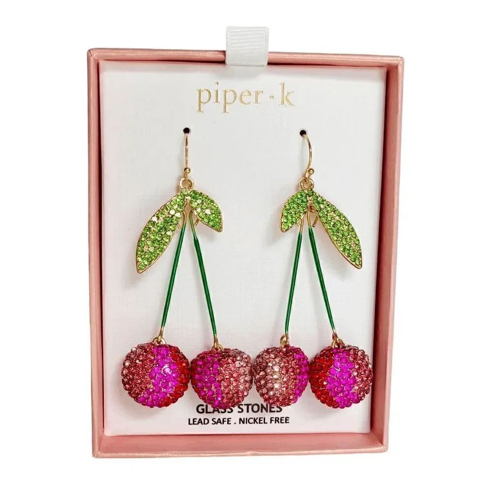 🍒 PIPER K Cherry Glass Stones Nickel Free Drop Statement Earrings NEW IN BOX